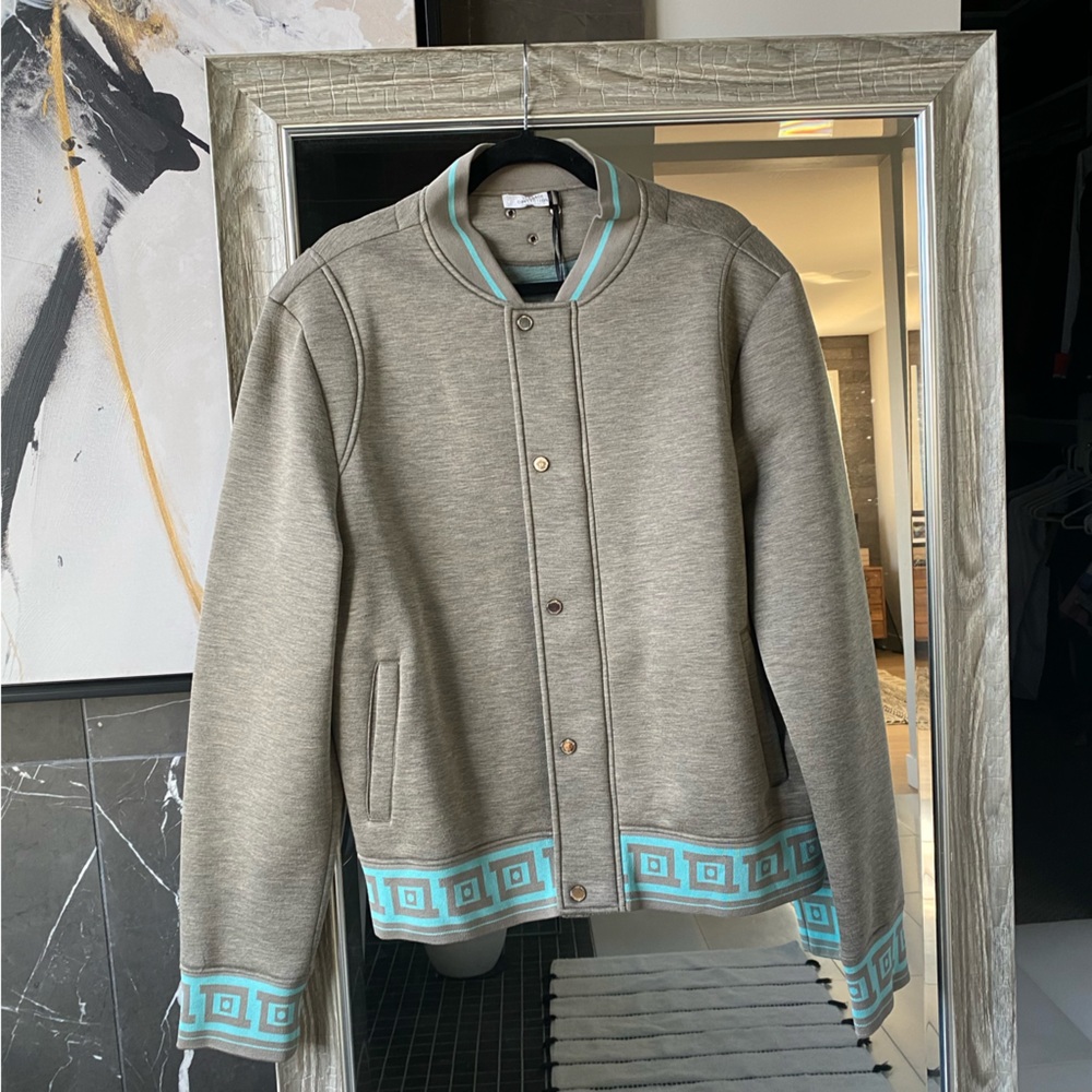 Versace Gray Scuba Bomber Jacket with Turquoise Trim Sz XL